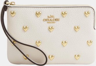Coach Womens Corner Zip Wristlet With Heart Rivets - White Leather - One Size