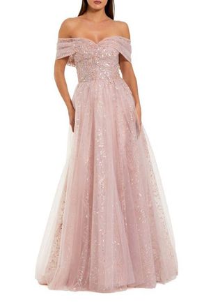 Mac Duggal Embroidered Tulle Off The Shoulder Ballgown in Dusty Rose at Nordstrom, Size 10