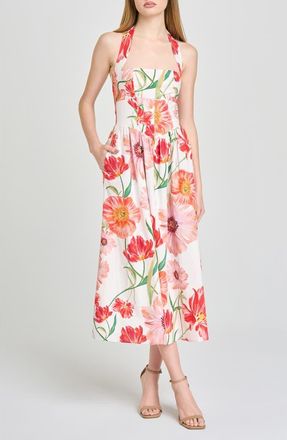 Wayf Camellia Floral Halter Neck Stretch Cotton Dress in Ivory Poppies at Nordstrom, Size X-Small