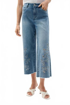Joseph Ribkoff Embroidery Wide Leg Crop Jeans In Light Blue