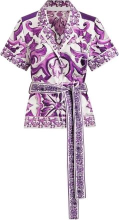 Dolce & Gabbana Maiolica Zijden Shirt Wit/Paars Print - Dames - Kimonos - Veelkleurig - S - Overhemden