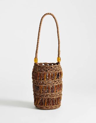 Topshop Harley - Borsa a mano in rafia marrone con perline tartarugate