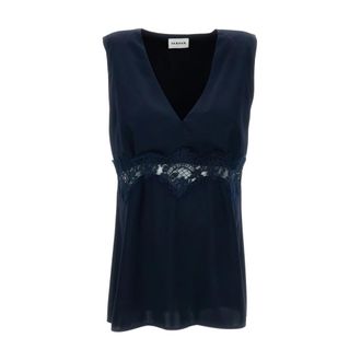 P.A.R.O.S.H. Mouwloze V-hals Top met Kant - Dames - Tops zonder mouwen - Blauw - M - Denim - Tops