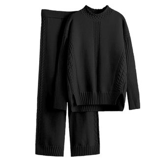 Generic Womens Knitted Set, Winter Knitted Leisure Suit with Trousers and Top, Plain Knitted Jumper, Elastic Waist, Palazzo Trousers, Ribbed Knitted Set, Long