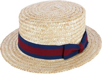 CTM Straw 2 Inch Brim Boater Hat with Navy Band and Elastic Sweatband