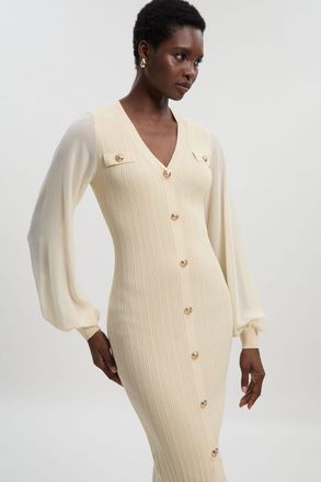 Karen Millen Womens Viscose Blend Rib Knit Chiffon Sleeve Midi Dress - Cream - Size X-Small