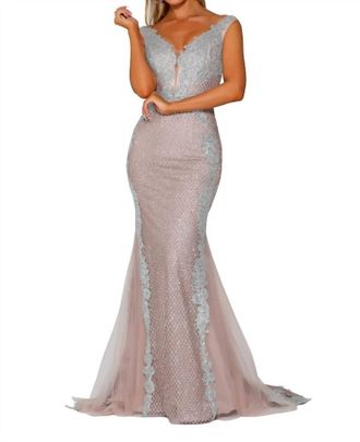 Portia & Scarlett Cap Sleeve Glitter Appliqued Mermaid Gown In Silver Nude