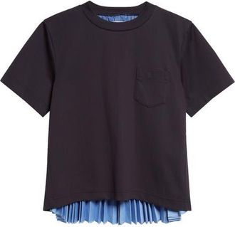 sacai Mixed Media Pleated Poplin & Jersey Pocket T-Shirt in Navy/Blue Stripe at Nordstrom, Size 1