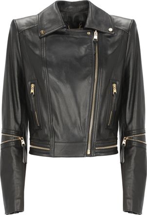 Elisabetta Franchi Cropped Black Leather Jacket With Gold Zipper Details