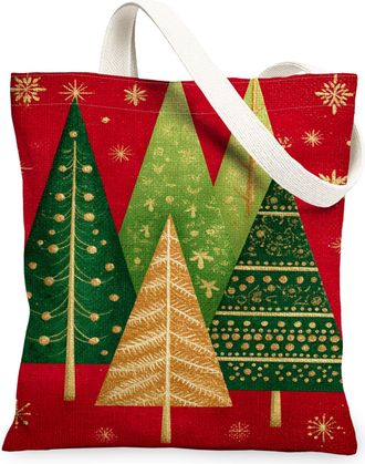Generic Christmas Tree Canvas Tote Bags, Holiday Forest Pattern Reusable Grocery Bags, Winter Rustic Lightweight Washable Canvas Fo, Red, 13x15 Inch