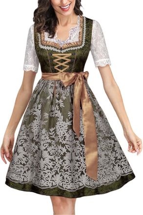 Generic Women Traditional Dirndl Dress Bavarian Fancy Dress Elegant Gothic Lace Dresses 3 Piece Oktoberfest Outfit Dirndl Blouse Corset Tie for Halloween Part