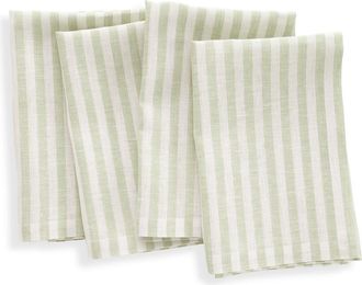 Solino Home Linen Dinner Napkins Set of 4, 20 x 20 Inch for Dining Table, Holiday and Everyday Table Decor - Amalfi Stripe in Sage And White at