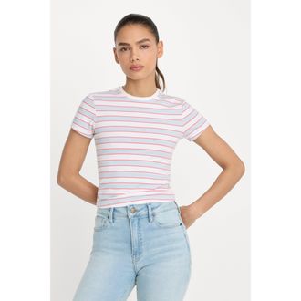 Good American Womens Super Stretch Baby T-Shirt | Sky Stripe, Size Medium | Good American by Khlo&Egrave; Kardashian