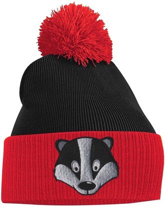 Bang Tidy Clothing Womens Pom Pom Beanie - Badger Face - Red and Black