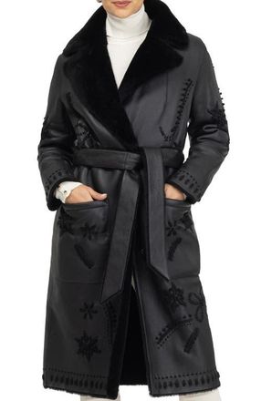 Gorski Genuine Shearling Short Coat with Embroidery, Belt in Black/black at Nordstrom, Size X-Large
