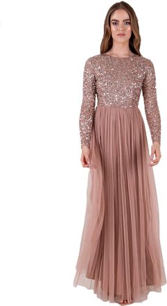 Maya Womens Maya Deluxe Womens Maya Embellished Long Sleeve Maxi Bridesmaid Dress, Mauve, 16 UK