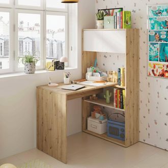 Dmora Escritorio Riverside, Escritorio Esquinero Reversible Con Librer&iacute;a, Mesa De Estudio U Oficina Multiposici&oacute;n, Cm 108x70h140, Nudos Blancos Y Roble, Con