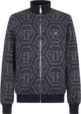 Philipp Plein Jacquard Tracksuit Jacket Monogram - Heren - Vesten met rits - Blauw - XL - Katoen - Hoodies & sweatvesten