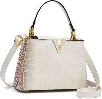 Generic Luxury Crocodile Embossed Leather Handbag for Women - Elegant Black Top Handle Bag with Gold Hardware & Adjustable Shoulder Strap (White)