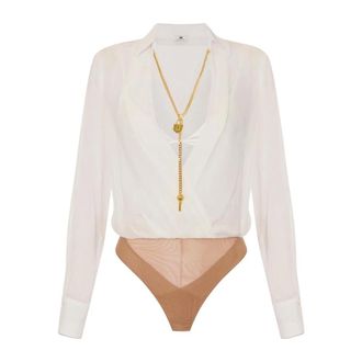 Elisabetta Franchi Bodysuit in georgette stof met juwelenketting - Dames - Tops - Beige - Maat: 2XL Satijn