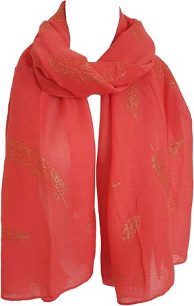 GlamLondon Feathers Scarf Rose Gold Glitter Foil Feather Print Ladies Party Wedding Fashion Wrap (xl-8020-Coral)