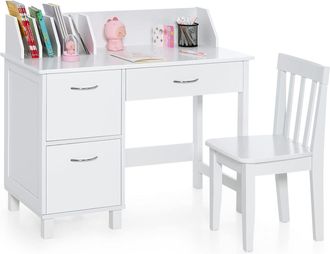 Costway Costway Juego De Escritorio Y Silla Para Ni&ntilde;os, Mesa Educativa Infantil, Caj&oacute;n Y Armarios, Escritorio Para Dormitorio Y Sala De Estudio (blanco)