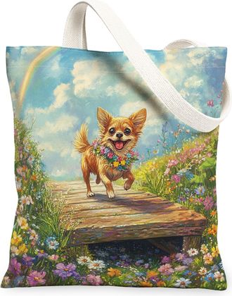 Generic Spring Chihuahua Dog Canvas Tote Bag for Shopping 13x15, Country Garden Puppy Reusable Grocery Print Pattern Bag for Women, Fun Flower Pet Beach Aesth
