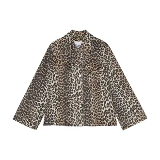 Ganni Denim Jackets, female, Brown, Size: M Leopard Print Denim Jacket