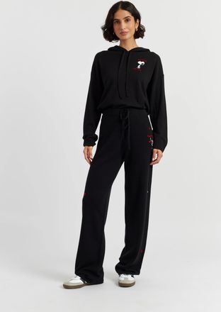 Chinti and Parker Black Wool-Cashmere Peanuts Wide-Leg Track Pants