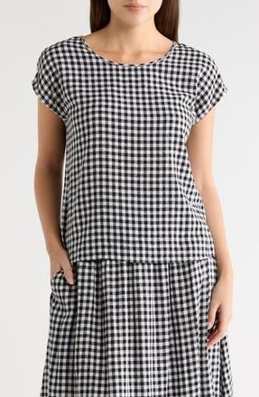 Caslon Grow Over Sleeve Linen Blend Top in Black- White Bea Gingham at Nordstrom Rack, Size X-Small