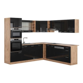 Vicco Cocina Esquinera R-line, Roble Negro/dorado De Alto Brillo, 237 X 247 Cm, Et Roble
