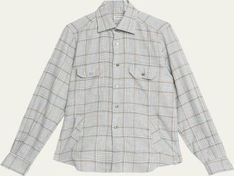 Kiton Mens Wool-Blend Plaid Overshirt with Pockets