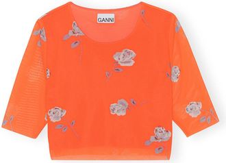 Ganni Orange Printed Mesh Cropped T-shirt - Size 10/12 Recycled Nylon