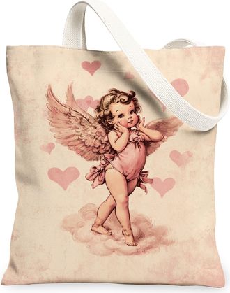 Generic ValentineS Angel Canvas Tote Bags, Romantic Heart Pattern Reusable Grocery Bags, Lightweight Washable Shoulder Strap, Peach, 13x15 Inch