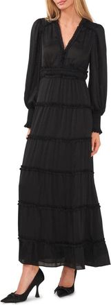 CeCe by Cynthia Steffe Plisse Ruffle Maxi Dress Womens Rich Black Balloon Sleeve RED992