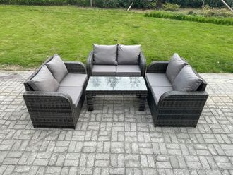 Fimous Rattan Garden Furniture Set 6 Seater Indoor Outdoor Patio Sofa Set with Coffee Table Loveseat Sofa Dark Grey Mixed