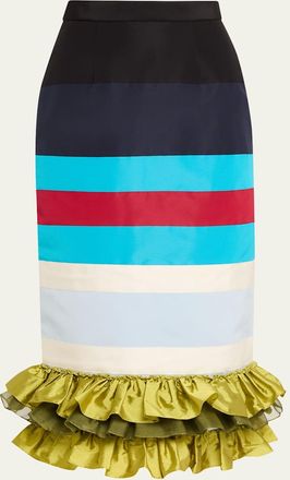 Christopher John Rogers Striped Embroidered Ruffle-Hem Midi Skirt