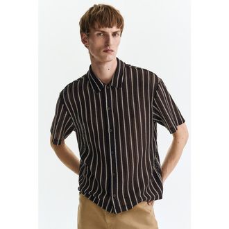 H&M Regular Fit Textured-knit Shirt in Dark Brown/striped at Nordstrom, Size Xx-Large
