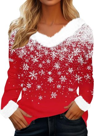 Generic Womens Christmas V-Neck Jumper with Fuzzy Trim - Long Sleeve Santa Wine Glass Print Pullover, Festive Reindeer & Fairy Lights Graphic Sweater, Soft Co