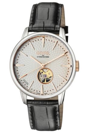 Gevril Group Mens Mulberry 9601 Open Heart Swiss Automatic Movement Silver Dial Black Leather Watch - One Size