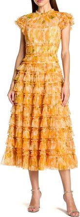 Mac Duggal Mesh Micro Ruffle High Neck Cap Sleeve Midi Dress in Yellow Multi at Nordstrom, Size 12
