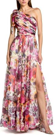 Mac Duggal Womens One Shoulder Floral Maxi Gown with Side Cutout in White Multi at Nordstrom, Size 8