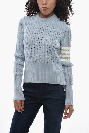 Thom Browne Maglia Girocollo in Lana Vergine Traforata con Dettaglio a Righe Thom Browne