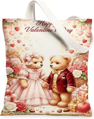 Generic ValentineS Day Floral Canvas Tote Bags, Cute Bear Pattern Reusable Grocery Bags, Lightweight Washable Canvas for Shopping, Peach, 13x15 Inch