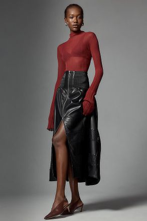 Maeve The Tommie Faux Leather Laser-Cut Zip-Front Midi Skirt