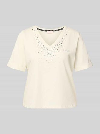 Liu Jo T-Shirt mit Strasssteinbesatz und V-Ausschnitt in Offwhite, Gr&ouml;&szlig;e XXL