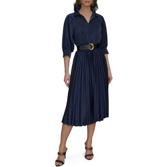 DKNY Pleated Belted Midi Shirtdress in Eclipse at Nordstrom Rack, Size 12