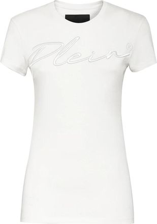 Philipp Plein T-shirt Ronde Hals SS Embroidery Signature - Dames - T-shirts - Wit - L - Katoen - Tops