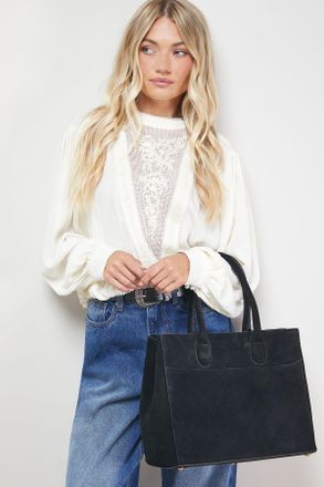 Oasis Womens Claudia Suede Tote Bag With Pocket - Black Leather - One Size