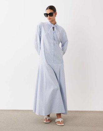 Asos Vestito camicia lungo blu gessato con collo a sciarpa